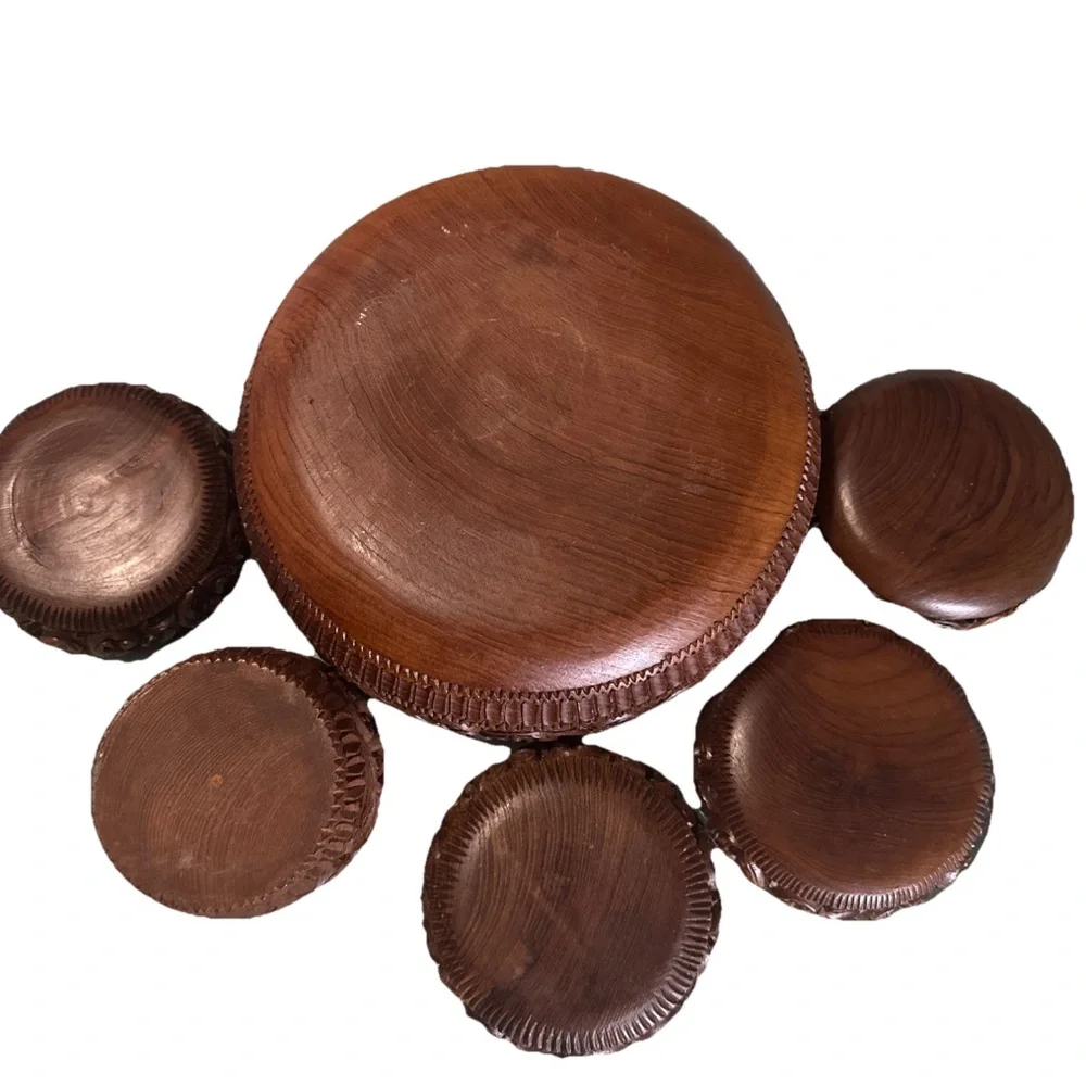 Hand Carved Wooden Bowl Set 6 Pcs Ornate Floral Vintage‎ Rustic Decor Boho Gift